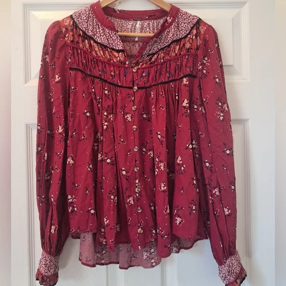 Free People Paloma Floral Button Up Peasant Blouse Top - Picture 1 of 7